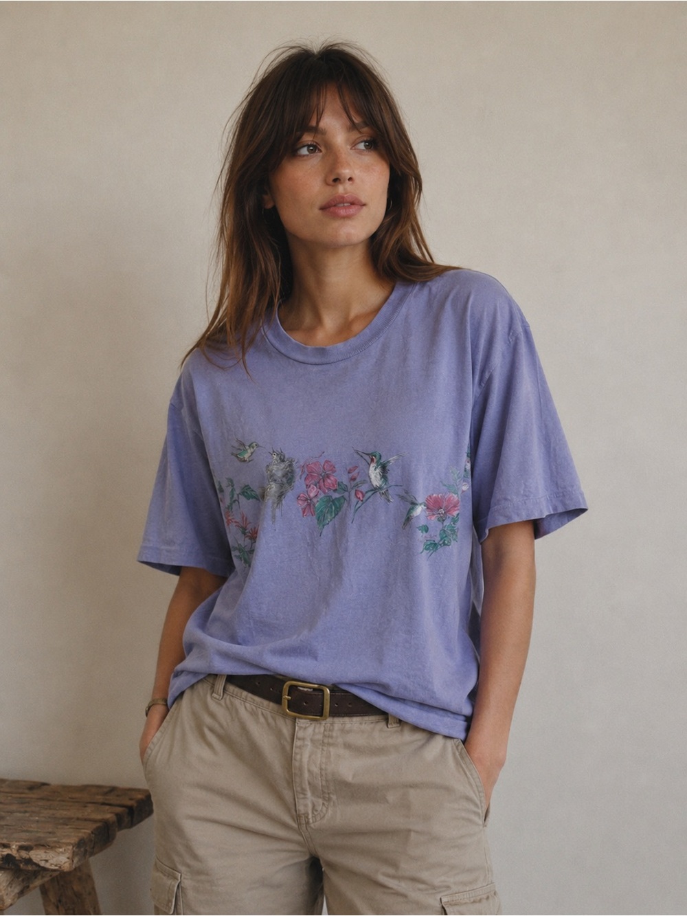 Vtg Northern reflections Lavender Floral Hummingbird Graphic Tee single stitch